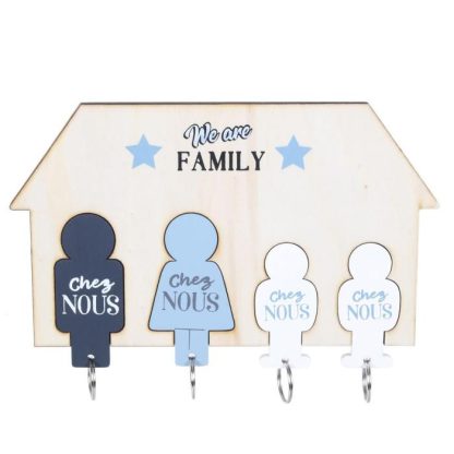 Boîte à Clés | Porte-Clés Mural "Famille" 6cm Naturel & Bleu Boîte à Clés Boîte à Clés