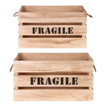 Boîte de Rangement | Lot de 2 Cagettes Déco "Fragile" 54cm Naturel Boîte de Rangement Boîte de Rangement