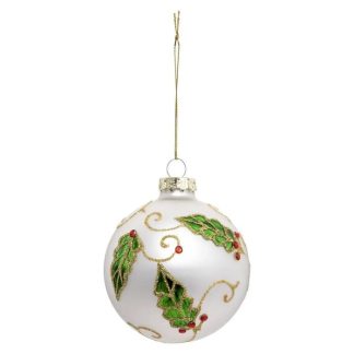 Boule de Noël | Boule de Noël Déco Houx "Soir" 8cm Blanc & Vert Boule de Noël Blanc & Vert