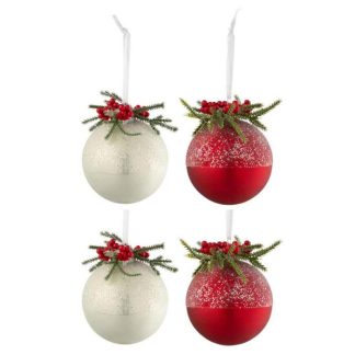 Boule de Noël | Lot de 4 Boules de Noël "Baies Givrées" 10cm Blanc & Rouge Boule de Noël Blanc & Rouge