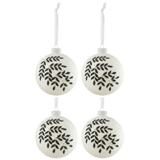 Boule de Noël | Lot de 4 Boules de Noël "Feuilles Paillettes" 10cm Blanc Boule de Noël Blanc & Vert