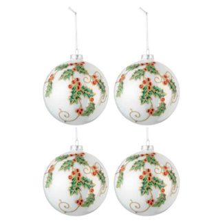 Boule de Noël | Lot de 4 Boules de Noël "Houx" 10cm Blanc & Vert Boule de Noël Blanc, Vert & Rouge