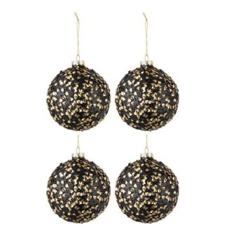 Boule de Noël | Lot de 4 Boules de Noël "Paillettes" 10cm Noir & Or Boule de Noël Boule de Noël