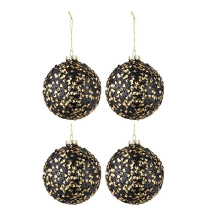 Boule de Noël | Lot de 4 Boules de Noël "Paillettes" 10cm Noir & Or Boule de Noël Boule de Noël