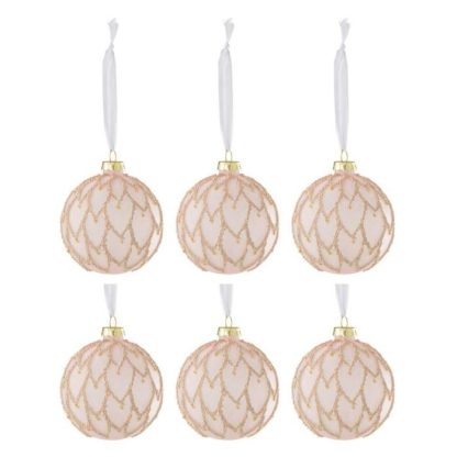 Boule de Noël | Lot de 6 Boules de Noël "Cœurs Perles" 8cm Rose Boule de Noël Boule de Noël