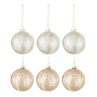 Boule de Noël | Lot de 6 Boules de Noël "Feuilles" 8cm Beige & Or Boule de Noël Beige & Or