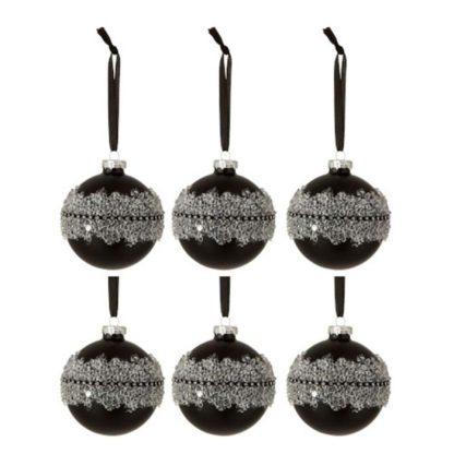 Boule de Noël | Lot de 6 Boules de Noël "Glace" 8cm Noir & Argent Boule de Noël Boule de Noël