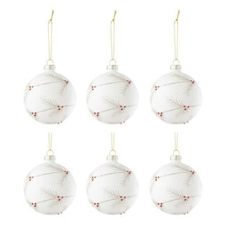 Boule de Noël | Lot de 6 Boules de Noël Paillettes "Houx" 8cm Blanc Boule de Noël Blanc & Rouge