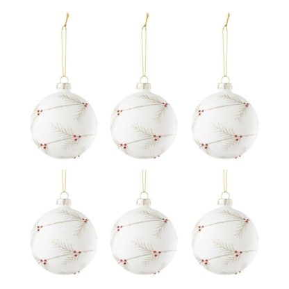 Boule de Noël | Lot de 6 Boules de Noël Paillettes "Houx" 8cm Blanc Boule de Noël Blanc & Rouge