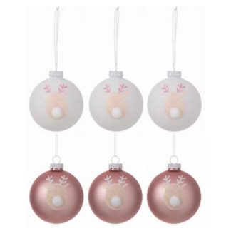 Boule de Noël | Lot de 6 Boules de Noël "Rennes" 8cm Rose & Blanc Boule de Noël Boule de Noël