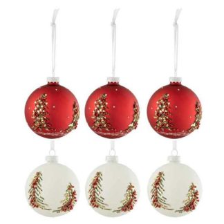 Boule de Noël | Lot de 6 Boules de Noël "Sapin Paillettes" 8cm Blanc & Rouge Boule de Noël Blanc & Rouge