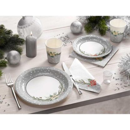 Décoration de Table | Lot de 6 Assiettes en Carton "Branche Sapin" 23cm Gris Décoration de Noël Argent