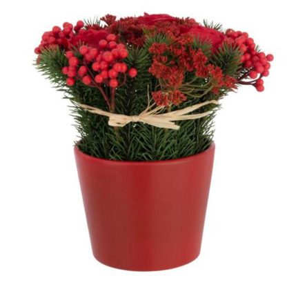 Fleur Artificielle | Composition Florale Pot "Roses & Baies" 25cm Rouge Fleur Artificielle Fleur Artificielle