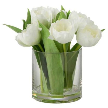 Fleur Artificielle | Fleur Artificielle & Vase "Tulipes" 22cm Blanc Fleur Artificielle Blanc & Vert