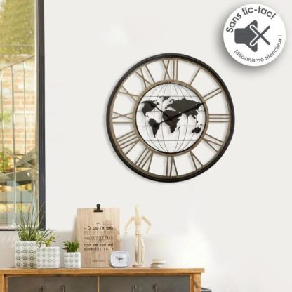 Horloge Murale | Pendule Ronde en Métal "Monde" 67cm Naturel Horloge Murale Horloge Murale