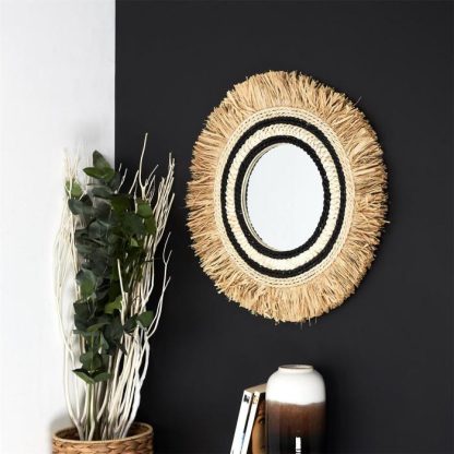 Miroir | Miroir Mural en Paille "Sauvage" 58cm Beige & Noir Horloges, Miroirs & Pense-Bêtes Beige & Noir