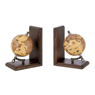 Objet à Poser | Lot de 2 Serre-Livres en Bois "Globe" 18cm Marron & Orange Accessoires Déco Marron & Orange