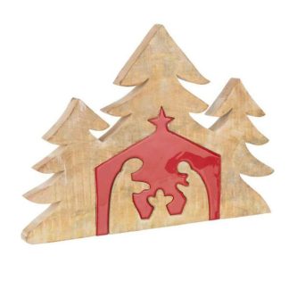 Objet Décoratif | Statuette Déco Bois "Puzzle Nativité" 55cm Rouge Décoration de Noël Objet Décoratif