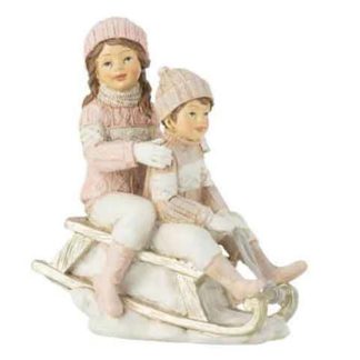 Objet Décoratif | Statuette Déco "Fille & Garçon Traîneau" 20cm Blanc Décoration de Noël Blanc & Rose