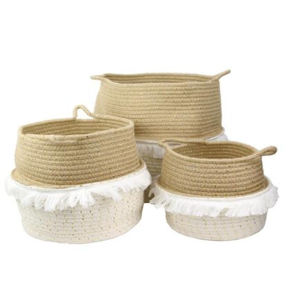 Panier de Rangement | Lot de 3 Paniers de Rangement "Franges" 35cm Blanc Boîtes & Rangements Blanc & Or