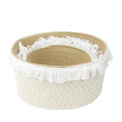 Panier de Rangement | Lot de 3 Paniers de Rangement "Franges" 35cm Blanc Boîtes & Rangements Blanc & Or