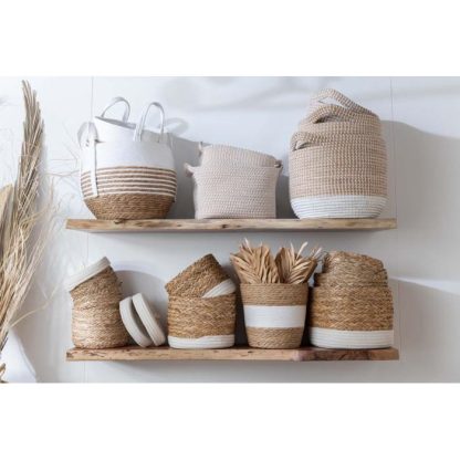 Panier de Rangement | Panier Déco Rond "Ligne" 25cm Naturel & Blanc Boîtes & Rangements Naturel & Blanc