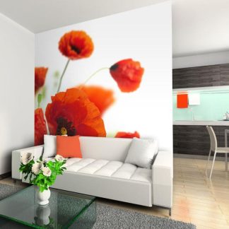 Papier Peint | Papier Peint "Poppies on the Wihite Background" Décoration Murale Multicolore