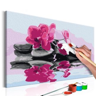 Peinture par Numéro | Tableau à Peindre Soi-Même "Orchidée & Pierres Zen dans un Mirroir D’eau" 40x60cm Décoration Murale Multicolore