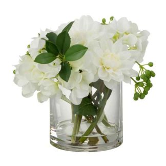 Plante Artificielle | Plante Artificielle & Vase "Dahlia Hydrangea" 21cm Blanc Plante Artificielle Blanc, Vert & Transparent