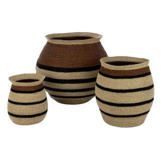 Pot & Cache-Pot | Lot de 3 Cache-Pots Paniers Rayures "Herbes Marines" 58cm Marron Pot & Cache-Pot Marron & Noir