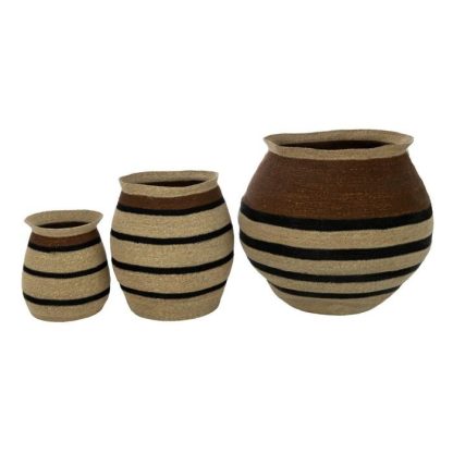 Pot & Cache-Pot | Lot de 3 Cache-Pots Paniers Rayures "Herbes Marines" 58cm Marron Pot & Cache-Pot Marron & Noir