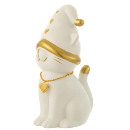 Statue & Statuette | Statuette Déco Chat "Cœur" 29cm Blanc Accessoires Déco Blanc & Or