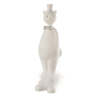 Statue & Statuette | Statuette Déco "Chat avec Chapeau" 33cm Blanc & Argent Accessoires Déco Blanc & Argent