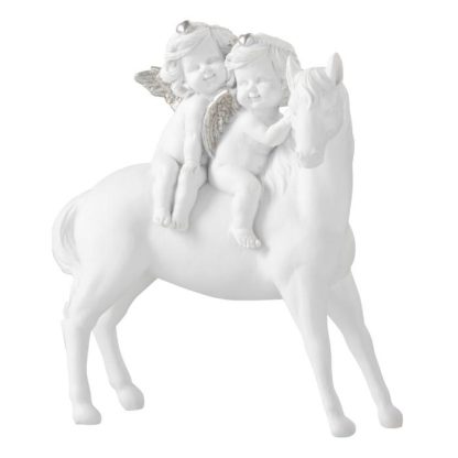 Statue & Statuette | Statue Déco en Résine "Cheval & 2 Anges" 24cm Blanc Accessoires Déco Blanc & Argent