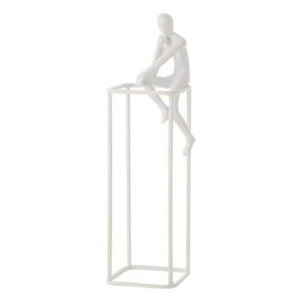 Statue & Statuette | Statuette Déco "Figurine Pensive sur Cube" 36cm Blanc Accessoires Déco Blanc