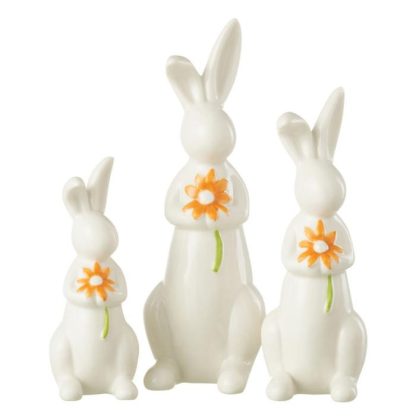 Statue & Statuette | Lot de 3 Statuettes Lapins "Fleurs" 23cm Blanc & Orange Accessoires Déco Blanc & Orange