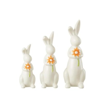 Statue & Statuette | Lot de 3 Statuettes Lapins "Fleurs" 23cm Blanc & Orange Accessoires Déco Blanc & Orange