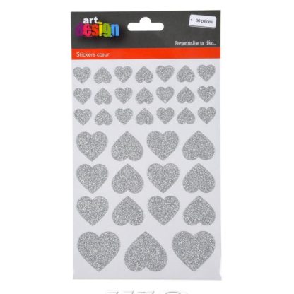 Sticker | Lot de 36 Stickers Cœur "Glitter" Argent Décoration Murale Argent