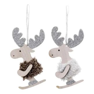 Sujet de Noël | Lot de 2 Sujets de Noël "Rennes Ski" 12cm Argent Décoration de Noël Argent & Naturel