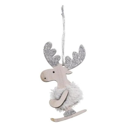 Sujet de Noël | Lot de 2 Sujets de Noël "Rennes Ski" 12cm Argent Décoration de Noël Argent & Naturel