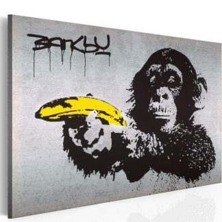 Toile & Tableau | Tableau "Arrête Ou le Singe Va Tirer! – Banksy" Décoration Murale Multicolore