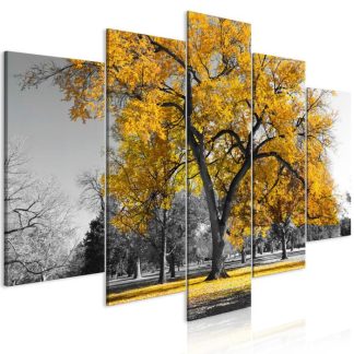 Toile & Tableau | Tableau 5 Panneaux "Autumn in the Park Wide Gold" Décoration Murale Multicolore