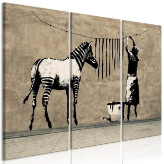 Toile & Tableau | Tableau 3 Panneaux "Banksy – Washing Zebra on Concrete" Décoration Murale Multicolore