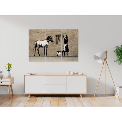 Toile & Tableau | Tableau 3 Panneaux "Banksy – Washing Zebra on Concrete" Décoration Murale Multicolore