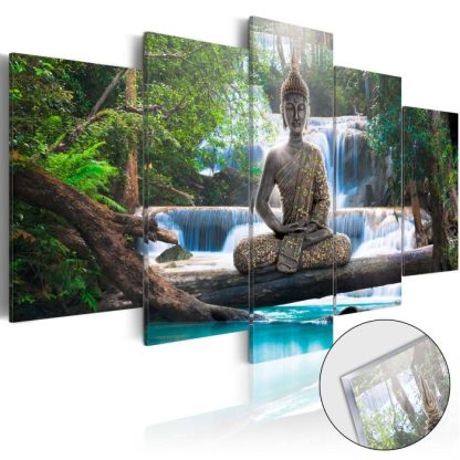 Toile & Tableau | Tableau sur Verre Acrylique "Buddha & Waterfall" Décoration Murale Multicolore