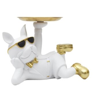 Vide Poche & Coupelle | Vide-Poche Statue "Bulldog" 27cm Blanc Accessoires Déco Blanc & Doré