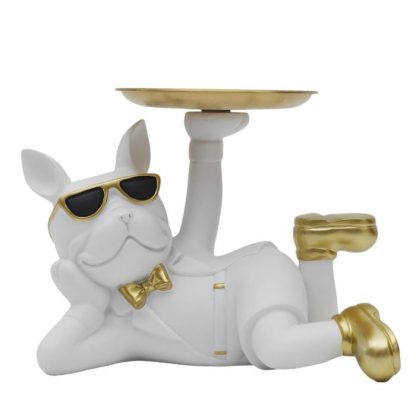 Vide Poche & Coupelle | Vide-Poche Statue "Bulldog" 27cm Blanc Accessoires Déco Blanc & Doré