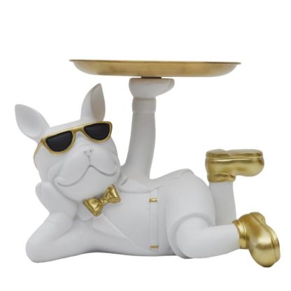 Vide Poche & Coupelle | Vide-Poche Statue "Bulldog" 27cm Blanc Accessoires Déco Blanc & Doré