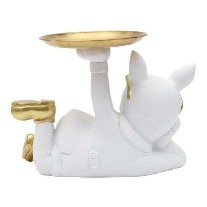 Vide Poche & Coupelle | Vide-Poche Statue "Bulldog" 27cm Blanc Accessoires Déco Blanc & Doré