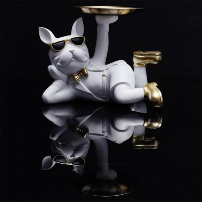 Vide Poche & Coupelle | Vide-Poche Statue "Bulldog" 27cm Blanc Accessoires Déco Blanc & Doré